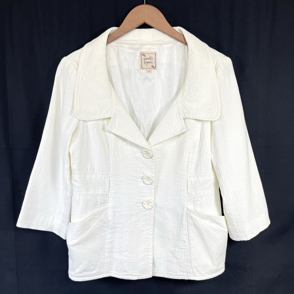 Nanette Lepore Women Textured Blazer Jacket Size 6 Off White 3/4 Sleeve Pockets